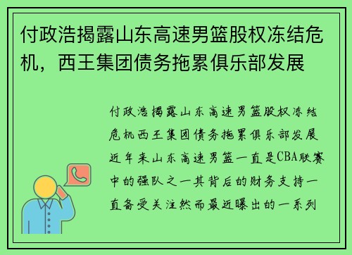 付政浩揭露山东高速男篮股权冻结危机，西王集团债务拖累俱乐部发展